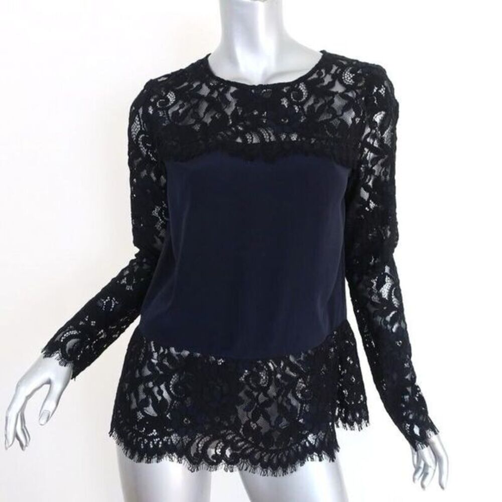 Intermix Black Lace & Navy Silk Blouse Size P Long Sleeve Open Back‎ Top Sexy
